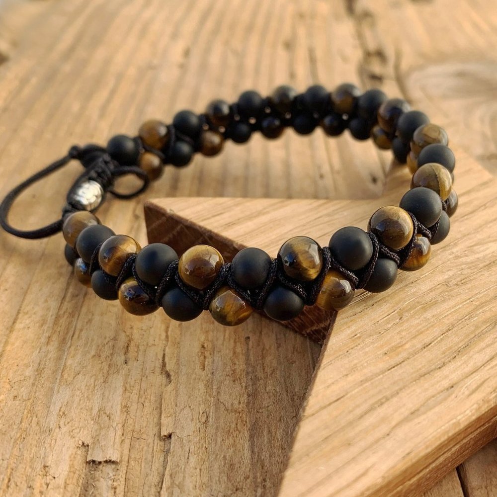 Natural Tiger's Eye Black Onyx Stone Beaded Bracelet Men's Braided Bracelet